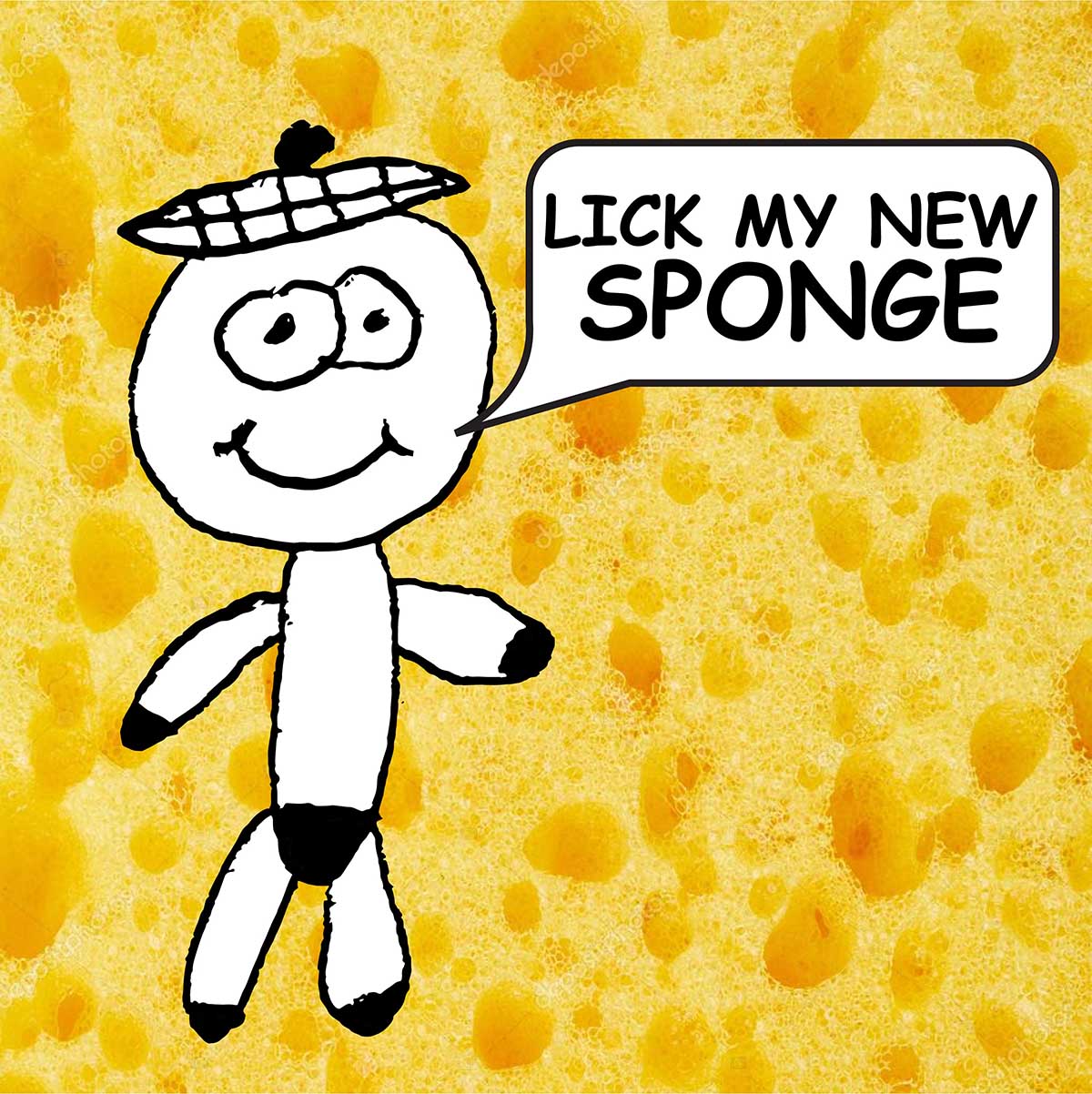 Cartoon Figure named Buddy with speach bubble saying lick my new sponge