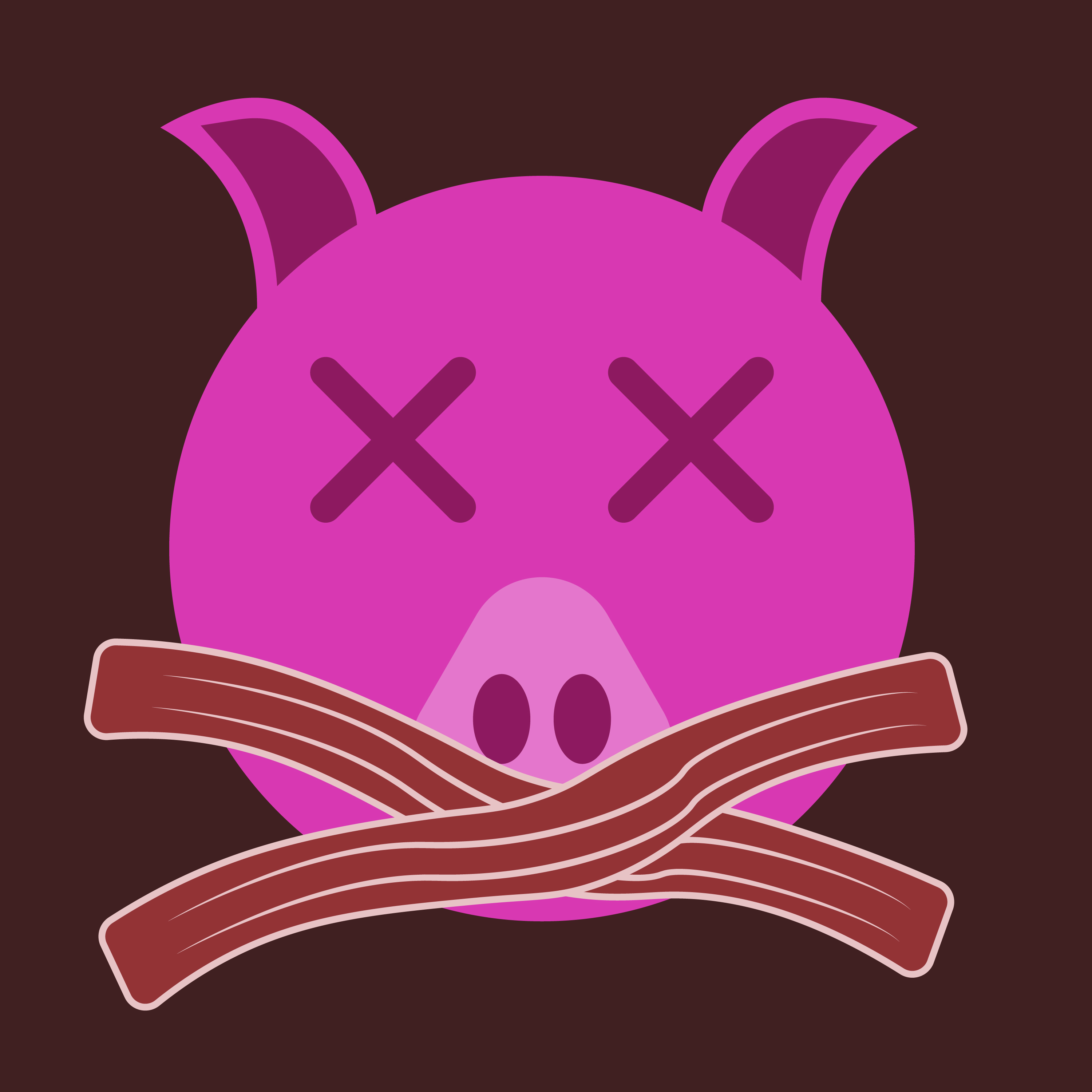 cartoon pig, x eyes with strips of bacon covering it's mouth