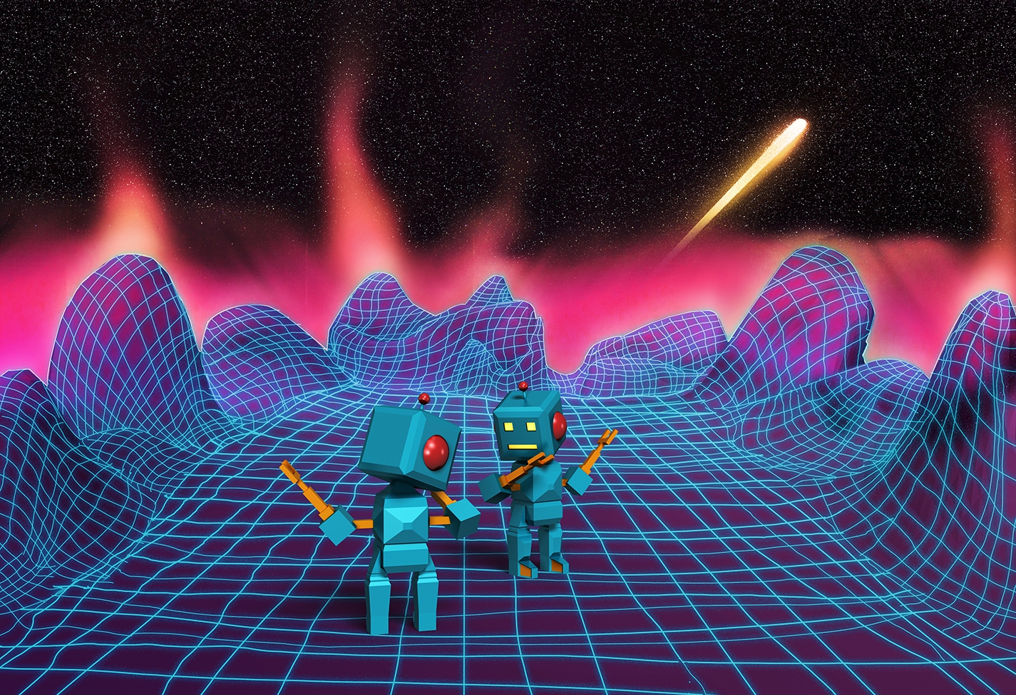 Dabbing Robots - A composite of a night sky photograph with the terrain and robots made in Blender.